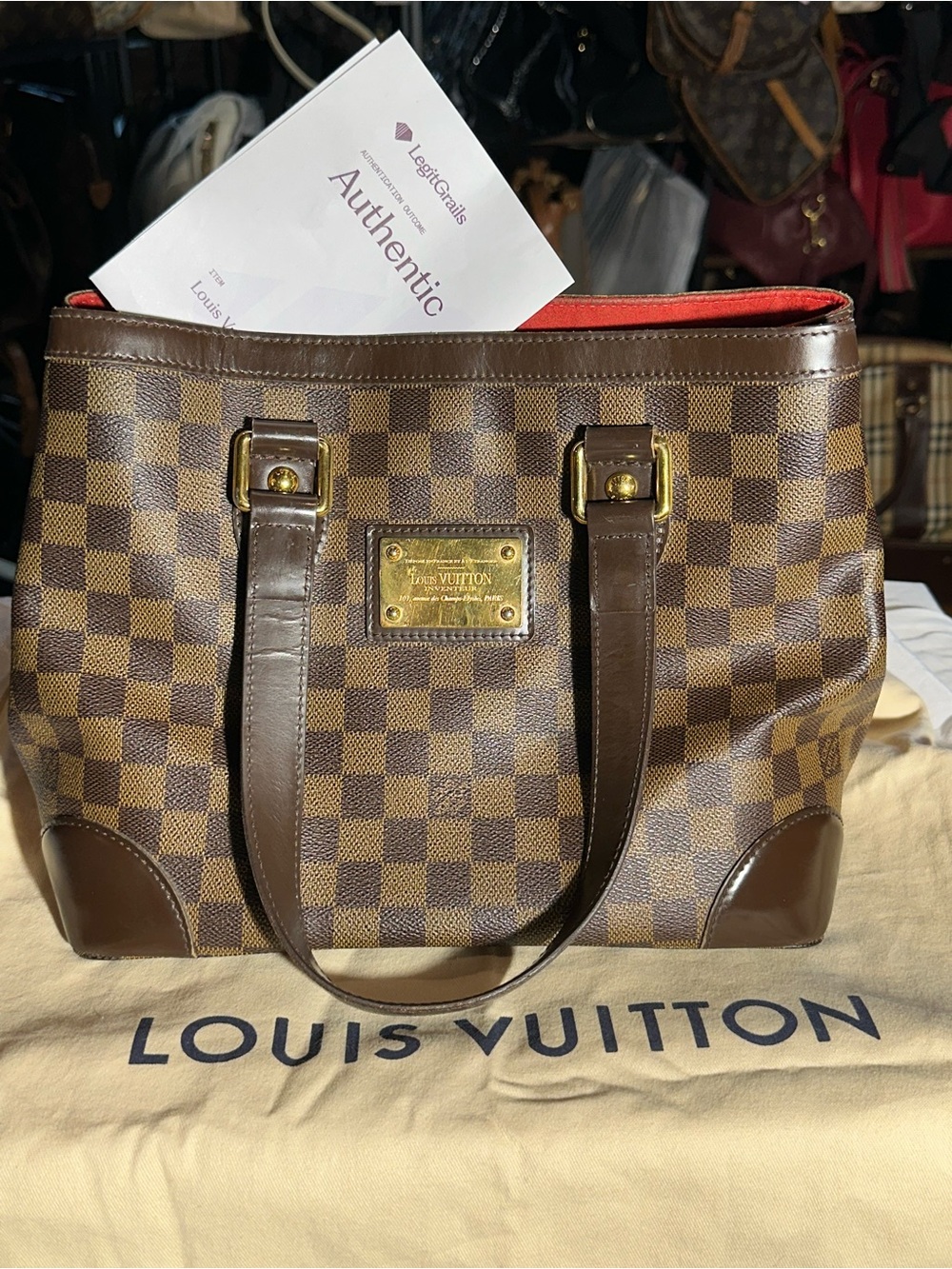 Louis Vuitton Damier Ebene Canvas Hampstead PM Tote with Red Interior